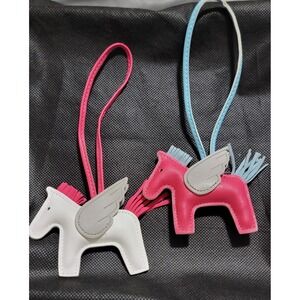 Set of 2 Pegasus Horse Bag Charms Faux Leather Pink White Blue Grey Wings